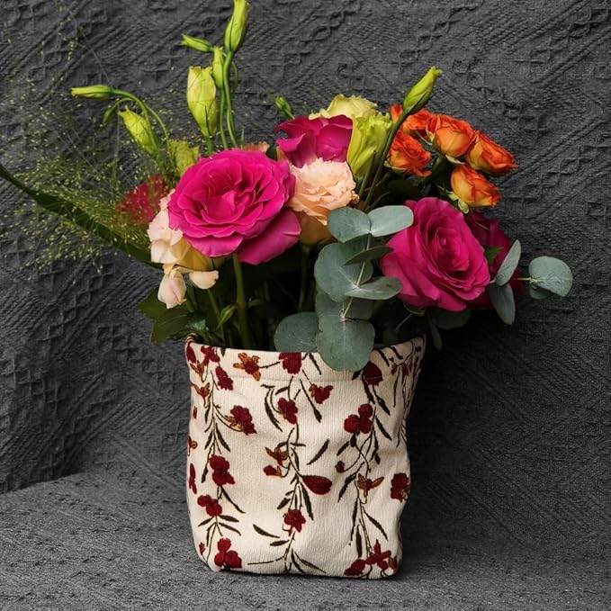 Fabric Tissue Box Cover Square, Vintage Floral Print Corduroy Tissue Holder, Bouquet Wrapping Bag 4.4"X4.4"X5.1", Creamy White
