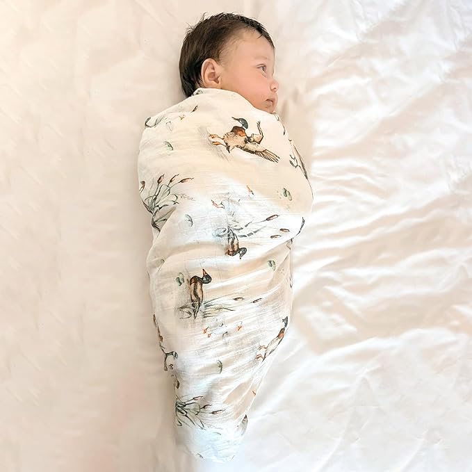 LifeTree Muslin Swaddle Blankets, Baby Swaddling Wrap Nursery Receiving Blanket for Boys & Girls, 70% Viscose from Bamboo and 30% Cotton, Large 47 x 47 inches Mallard Duck/Olive Green