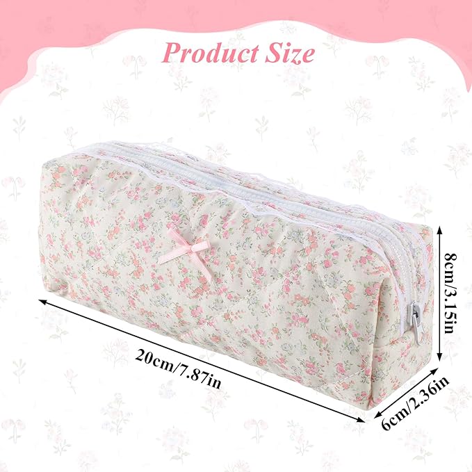 GEEHUA Quilted Makeup Bag, Floral Large Cute Cosmetic Pouch, Coquette Aesthetic Pink Makeup Pouch Cotton Puffy Travel Toiletry Storage Bag Portable Zipper Organizer (Light Pink)