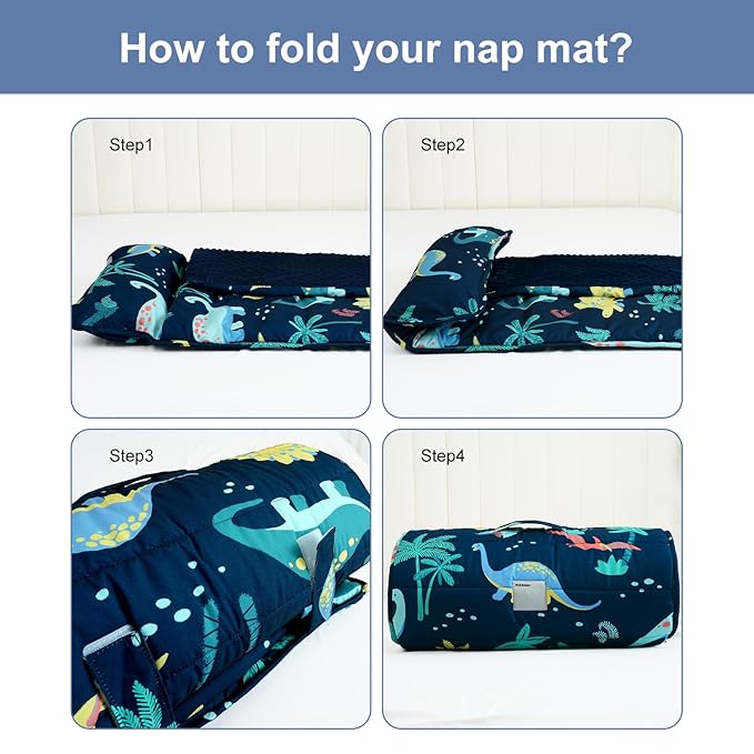 PHF Toddler Nap Mat with Removable Pillow and Minky Fleece Blanket, Rollup Design Warm Slumber Bags for Boys, 52"x20"x2" Kids Sleeping Bag for Daycare Preschool Travel Camping, Dinosaur
