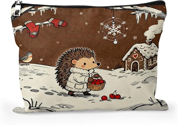 Cafl Hedgehog Winter Snow Makeup Bag Travel Large Cosmetic Bag Organizer toiletry Essentials Jewelry Zipper Bag Gift For Women -10×8 inch