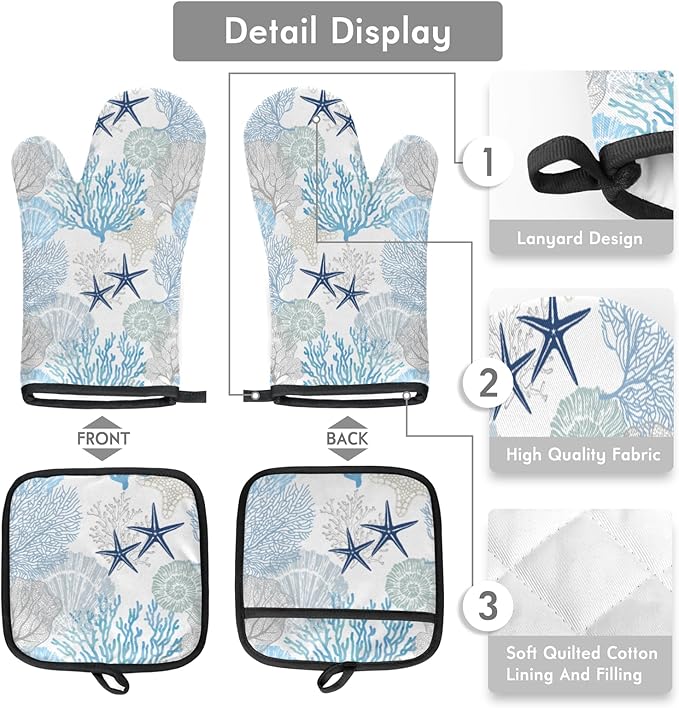 Coastal Oven Mitts and Pot Holders Sets,Starfish Seashell Coral Beach Themed Kitchen Mitts Potholders Heat Resistant Oven Gloves Hot Pads for Baking BBQ Grilling