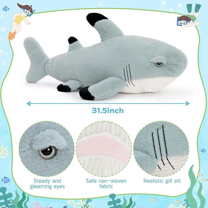 Tezituor 32inches Shark Stuffed Animals, 2.6ft Large Gray Stuffed Shark Plush Body Pillow for Girls Boys, Realistic Ocean Plush Toy Birthday Valentine's Day Decora Gift for Adults