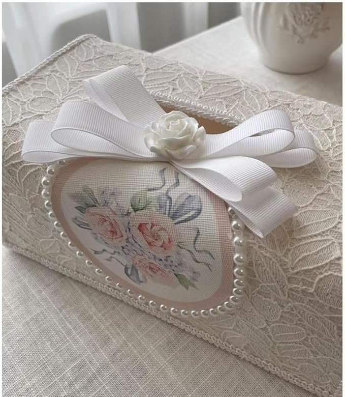 Tissue Cover Holder Fabric Art Cute Tissue Box Cover Dispenser Napkin Organizer for Bathroom Bedroom Office and Car (A-Beige)