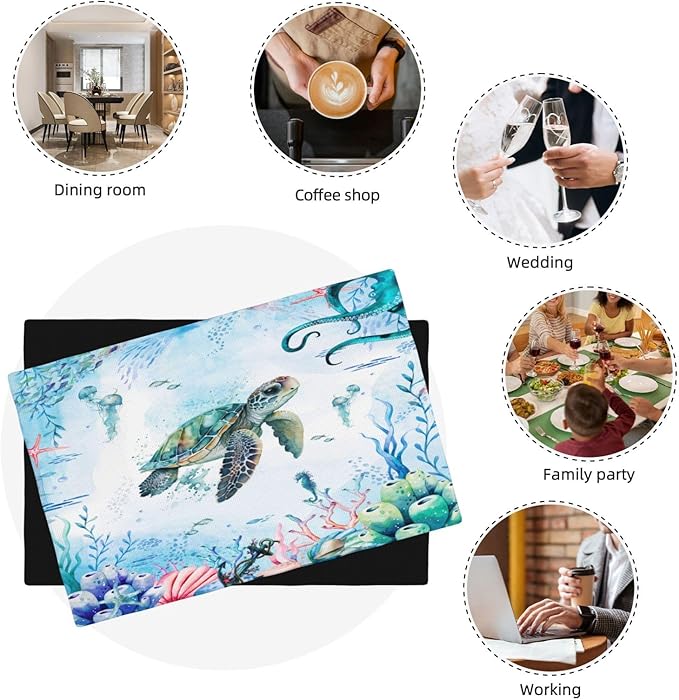 Turtle Ocean Placemats, Cartoon Blue Watercolour Ocean Coral Shell Seahorse Octopus Starfish Animal Print Washable Fabric Placemats Table Kitchen Dining Party 12x18 Inch Set of 6