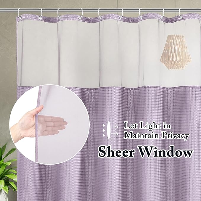 Gibelle Waffle Weave Shower Curtain with Mesh Top Window and Hooks Set, Spa Like Hotel Style Fabric Shower Curtain for Bathroom, Lavender, 72x72