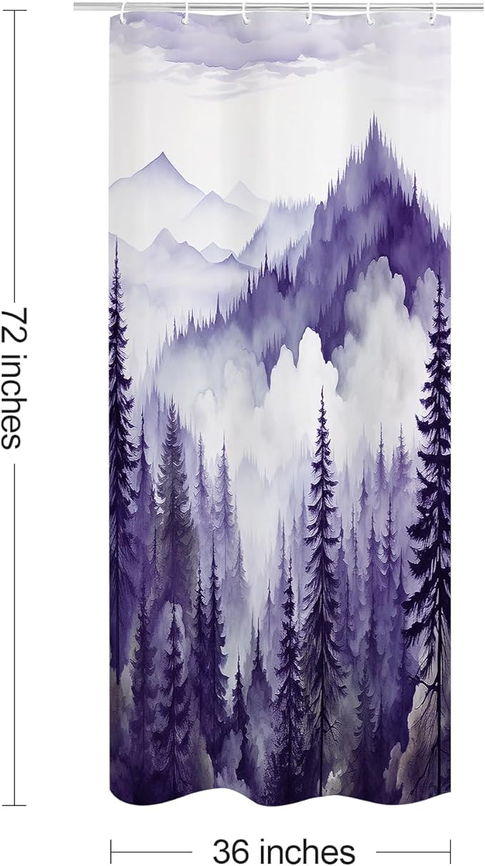 Litabel Purple Small Stall Misty Pine Forest Shower Curtain 36 x 72, Mountain Foggy Woodland Scenery Tree Narrow Half Size Shower Curtains for Bathroom, Abstract Waterproof Nature-Themed Decor