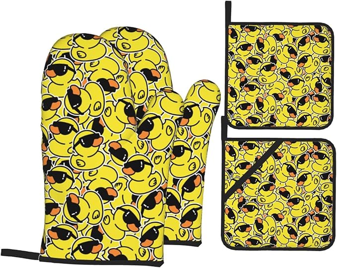 Funny Rubber Duck with Sunglasses Oven Mitts and Pot Holders 4 Pcs Set Oven Gloves and Potholders for Cooking Microwave BBQ Baking Grilling