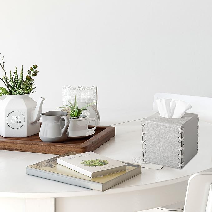 Tissue Box Cover PU Leather Tissue Holder Square Decorative Home Decor Cube Boxes for Bathroom, Kitchen, Nightstand, Office Desk Essentials, Light Gray