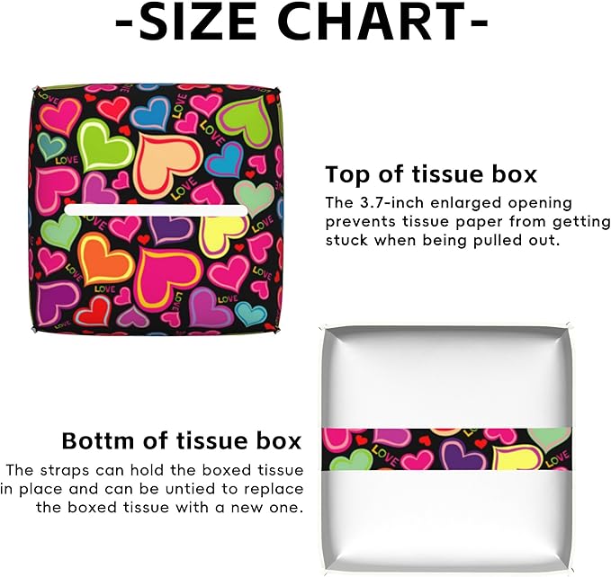 Rainbow Hearts Tissue Box Cover Square,Tissue Box Holder with Belt Bottom,Stylish Leather Napkin Holder for Vanity Countertop,Nightstands,Office Desk,5.2"×5.2"×5.2"