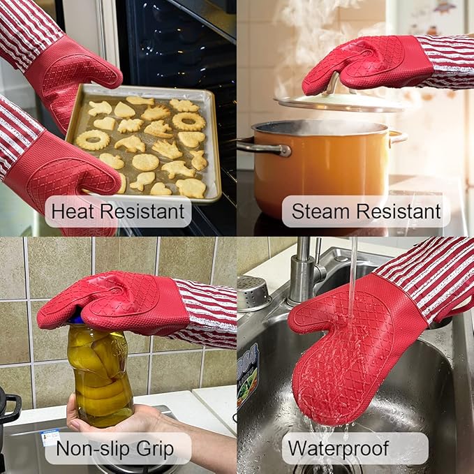 Silicone Oven Mitts Heat Resistant 932℉ with Waterproof & Non-Slip Kitchen Mittens, Set of 2 Extra Long Oven Gloves with Soft Cotton Terry Lining for Baking Cooking Barbecue (2, Red Mitts)