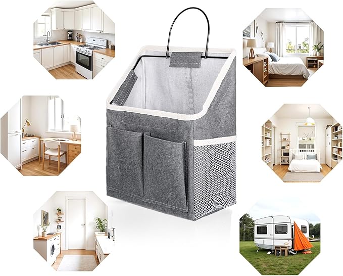 Pafeooui 3pcs Wall Hanging Organizer Bag, Linen Fabric Door Hanging Storage Basket with Pockets, Waterproof Bin for Kitchen Bedroom Bathroom Office RV Camper, Gray