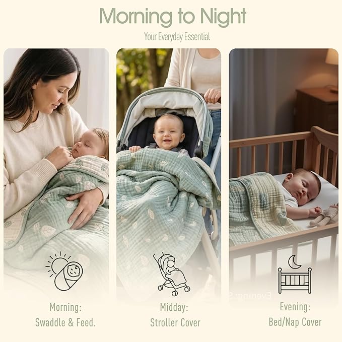 HardNok Botanical Muslin Baby Blanket - Made with Organic Cotton, Sage Green Leaf Jacquard for Gender Neutral Nursery, Baby Registry Gift, 43x43 Inches (Terra Sage Green)