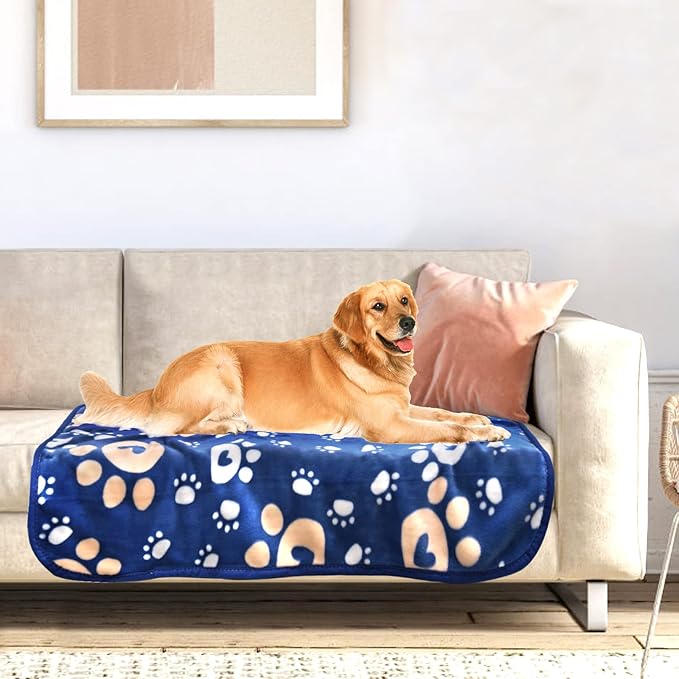 AHOOCUSTOM Dog Blanket, Soft Fleece Dog Blankets for Large Dogs, Fluffy Flannel Pet Cat Puppy Blanket Mat Cover for Bed Couch, Cute Paw Print Throw Blanket for Dogs, Blue 50"X40"
