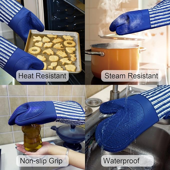 Silicone Oven Mitts Heat Resistant 932℉ with Waterproof & Non-Slip Kitchen Mittens, Set of 2 Extra Long Oven Gloves with Soft Cotton Terry Lining for Baking Cooking Barbecue (Cobait Blue, 2)