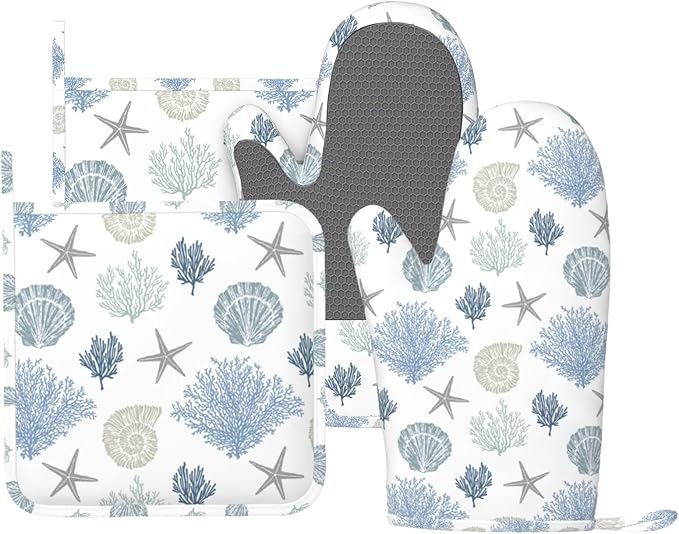 Nautical Beach Oven Mitts and Pot Holders Set, 4pcs Silicone Coastal Coral Starfish Oven Glove for Kitchen Heat Resistant Ocean Oven Mitts and Non-Slip Potholders Blue Grey White