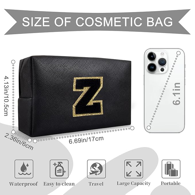 Personalized Initial A-Z Preppy Patch Makeup Bag,Small PU Chenille Letter Cosmetic Bag with Zipper for Teen Girls,Black Cute Toiletry Organizer Bag,Monogram Makeup Case Gift for Women Girls,Letter Z