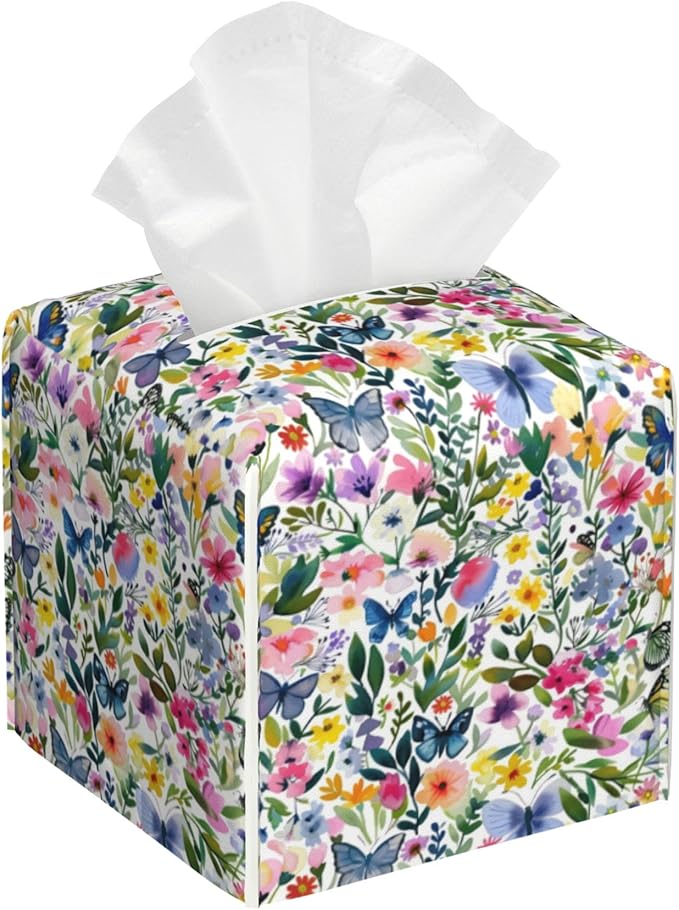 BLYKVGHQ Butterfly Square Tissue Box Cover Watercolor Flowers and Plants Tissue Box Holder Facial Cube Paper Dispenser Leather Decorative Organizer Home Office Desk Decor, 5.2"x5.2"x5.2"