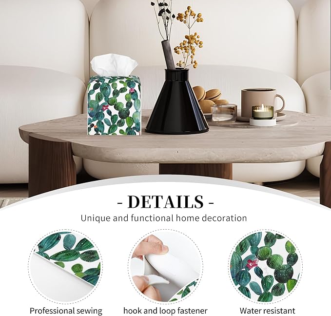 POIUBLE Leather Tissue Box Holder Watercolour Cactus Tissue Box Cover Square Waterproof Tissue Holder Organizer Modern Napkin Holder for Bedroom Dresser Night Stand Office Desk