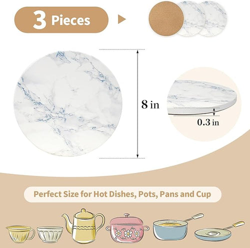 8 Inch Trivets for Hot Dishes, Pots and Pans, Marble Style Ceramic Trivet with Holder, Heat Resistant Hot Plate Mats for Countertops, Table, Home Essentials, Farmhouse Decor, Set of 3
