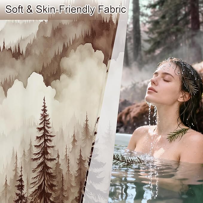 Litabel Brown Small Stall Misty Pine Forest Shower Curtain 36 x 72, Tan Mountain Foggy Woodland Scenery Tree Narrow Half Size Shower Curtains for Bathroom, Abstract Waterproof Nature-Themed Decor