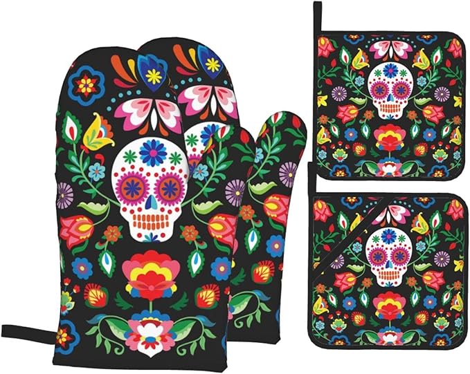 Mexican Skull Skeleton Floral Oven Mitts and Pot Holders Set of 4, Oven Mittens and Potholders Heat Resistant Gloves for Kitchen Cooking Baking Grilling BBQ