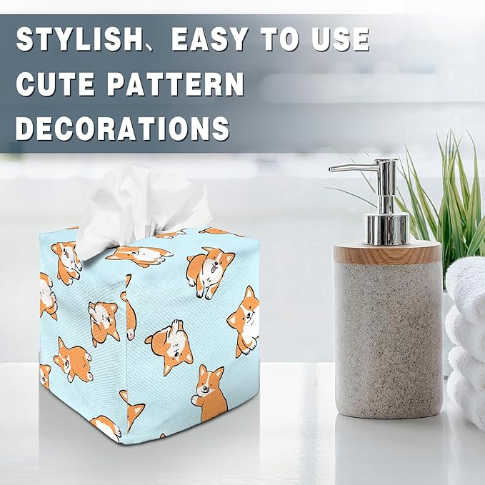 Tissue Box Cover Square Decorative Tissue Box Holder Cute Funny Cube Tissue Case Cover-Corgi Tissue Box Cover