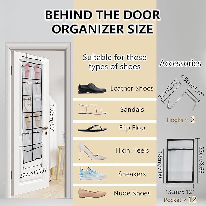 Auvotuis Over the Door Shoe Organizer, 12 Mesh Pockets Hanging Shoe Organizer with 4 Metal Hooks (White)
