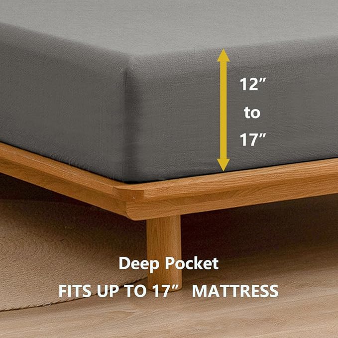 BESTOUCH Sheet Set 100% Washed Cotton Linen Feel Super Soft Comfortable Chic Lightweight 4 Pcs Home Bedding Set Solid Dark Grey Queen