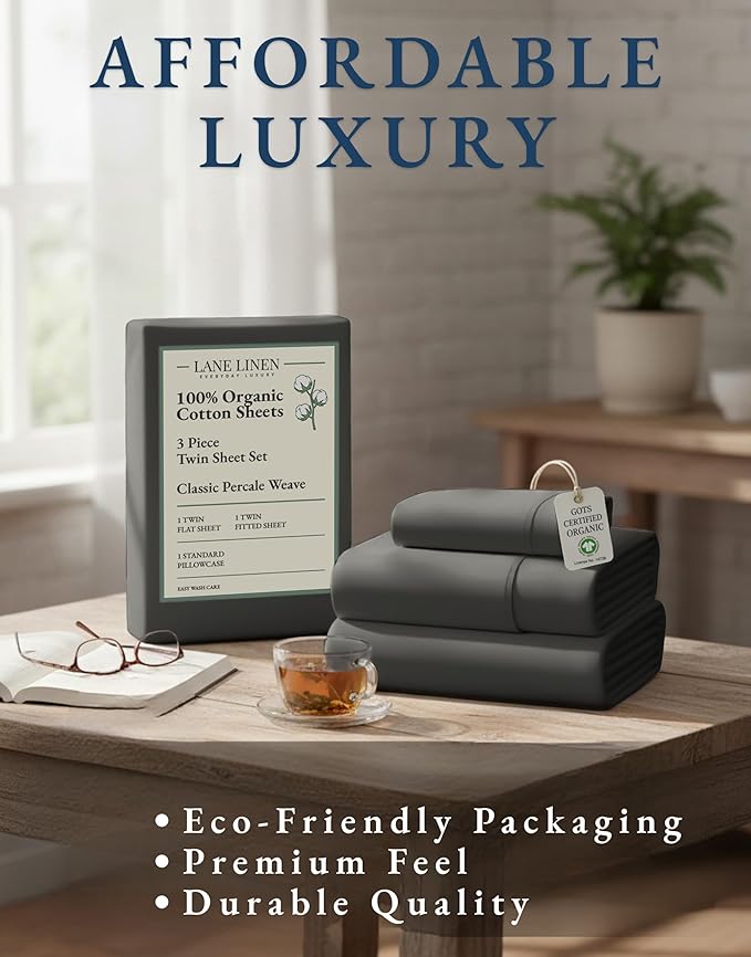 LANE LINEN 100% Organic Cotton 3Pc Bed Sheets Twin Size, Classic Percale Weave, Soft & Comfy Fully Elasticized Naturally Cooling Cotton Sheets, Low Pill Machine wash Twin Sheet Set- Charcoal