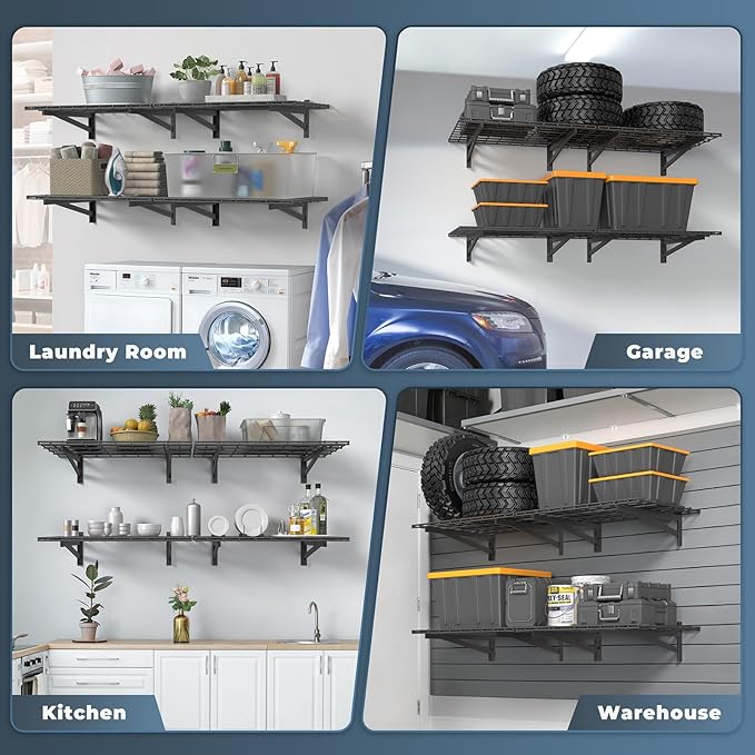 Jusgym 2 Pack Heavy Duty Garage Wall Shelving Set (1.5x4ft), Wall Mounted Garage Shelves 700lbs Capacity, 18"x48" Shelf Storage Rack Floating Shelves, Black