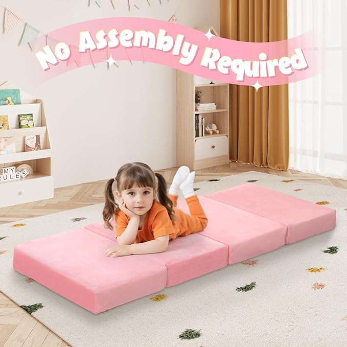 MeMoreCool Foldable Floor Mattress for Kids, Plush Toddler Nap Mat for Sleeping and Daycare, Portable Trifold Futon Mattress Floor Bed, Pink
