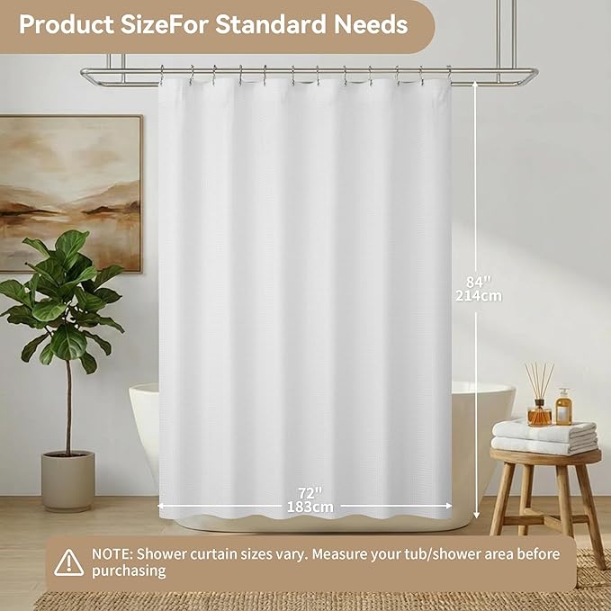 Lameirose 3 in 1 Shower Curtain Set, Waffle Shower Curtain and Liner Set with 12 Double Sided Shower Curtain Hooks, 72 x 84 Fabric Shower Curtains for Bathroom, White