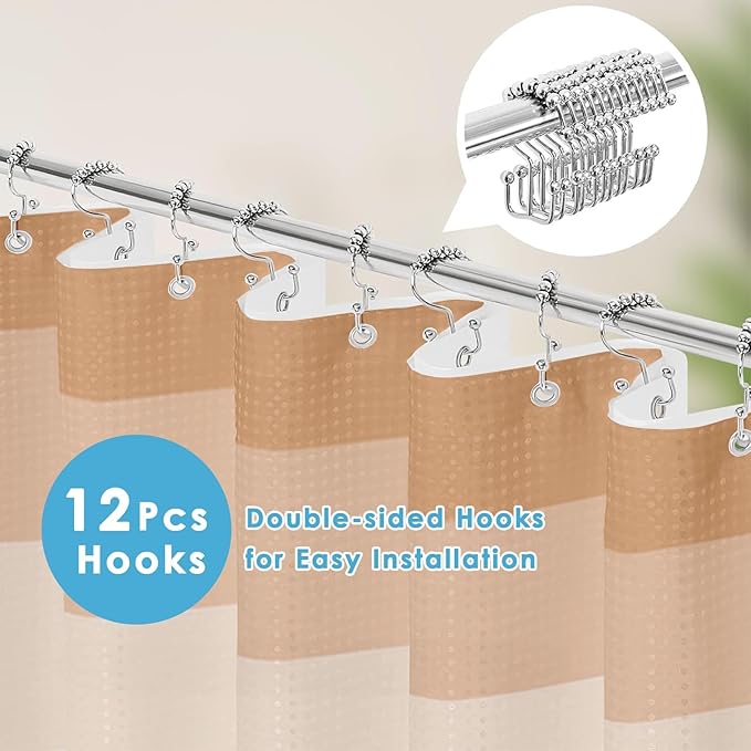 Nesphy Shower Curtain and Liner, Ombre Beige Striped 3 in 1 Shower Curtain and PEVA Liner Set with 12 Rust-Resistant Metal Hooks, Waterproof Fabric Shower Curtains for Bathroom, 72 W x 72 H
