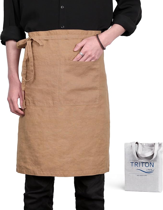 Pure Linen Bistro Half Apron - 25 x 35 Inch Unisex Waist Aprons with Large Pocket Ideal for Kitchen Crafts and More