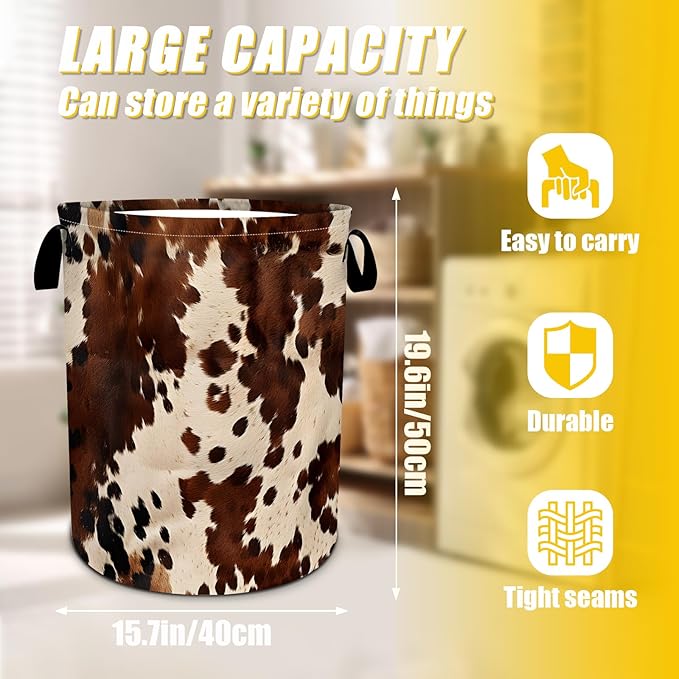 Brown Cowhide Laundry Basket,Laundry Hamper With Handles Collapsible Laundry Baskets Waterproof Dirty Clothes Hamper Storage Basket Toy Bins For Room Bathroom Bedroom Decor