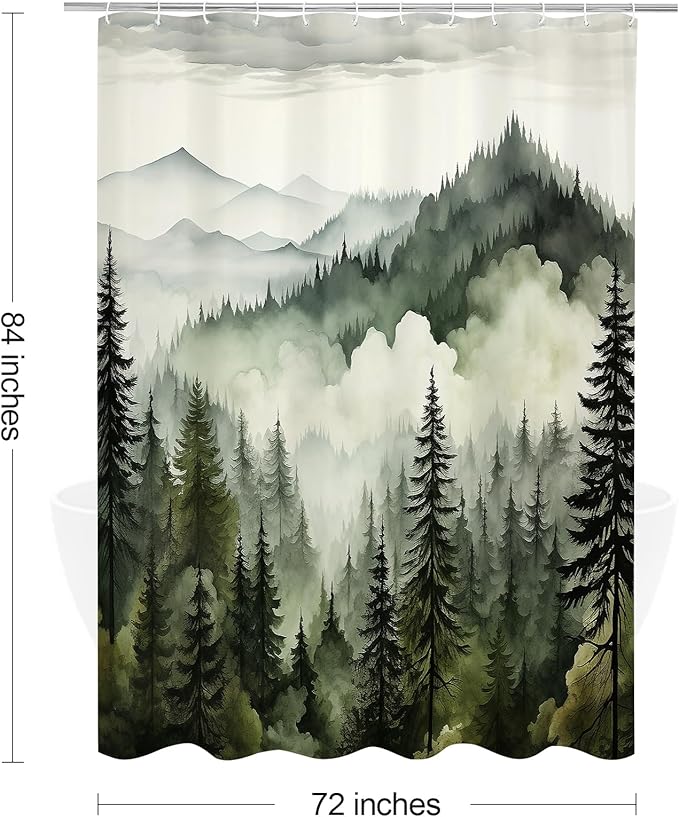Litabel Dark Green Extra Long Misty Pine Forest Shower Curtain 72 x 84, XL Mountain Foggy Woodland Scenery Tree Shower Curtains for Bathroom, Abstract Waterproof Nature-Themed Decor