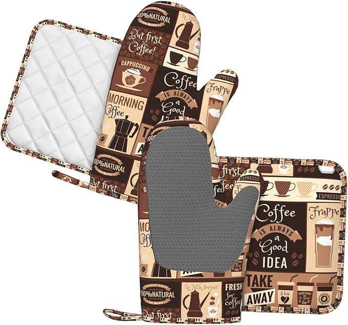 Oven Mitts Pot Holders Set Coffee Pattern Silicone Modern Art Kitchen Gloves Potholders Heat Resistant for Chef Baking Cooking Grilling BBQ 4 Pack Mitt