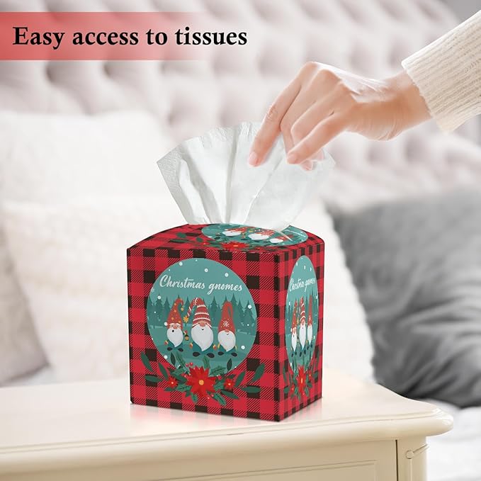 Christmas Gnomes Tissue Box Cover, Leather Tissue Holders Decorative for Home Office Kitchen Bathroom Organizer, Square Facial Paper Organizer Christmas Table Decor -037