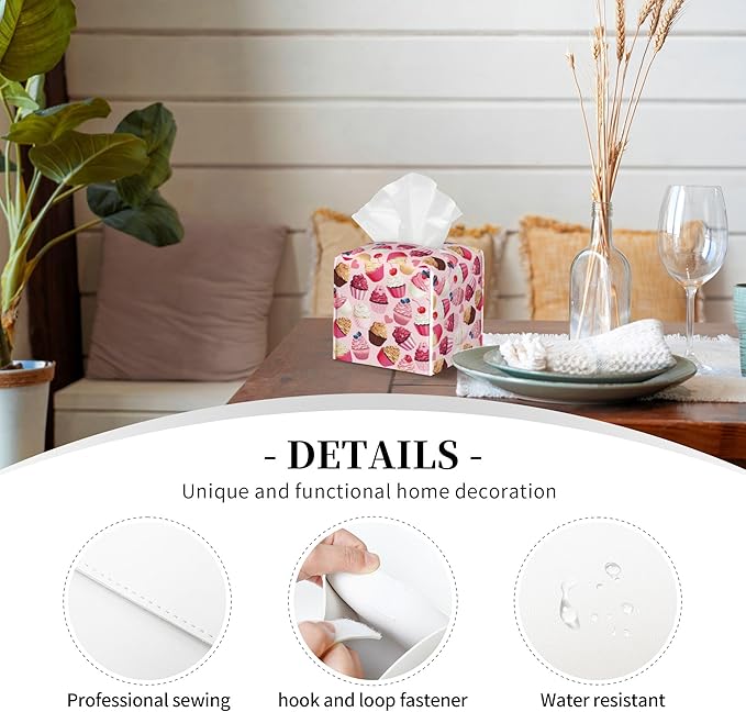 POIUBLE Tissue Box Holder Delicious Cupcakes Tissue Box Cover Square Leather Tissue Holder Organizer Portable Decorative Facial Paper Case for Home Office Bathroom Vanity Countertop