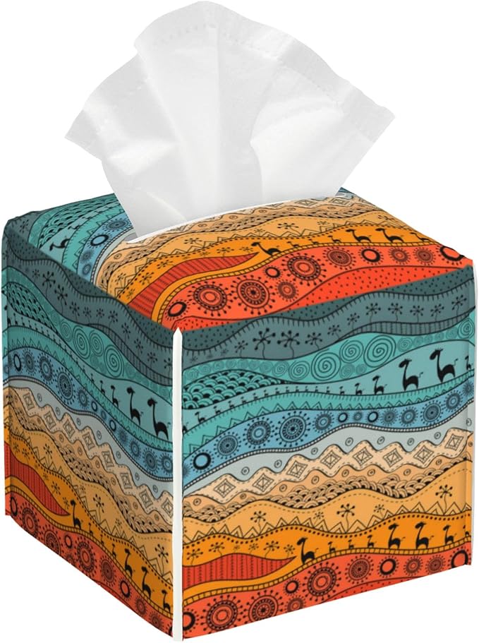 POIUBLE African Tribal Tissue Box Cover Leather Tissue Box Holder Square Facial Paper Organizer Dispenser for Bathroom Kitchen Bedroom Vanity Countertop Night Stands