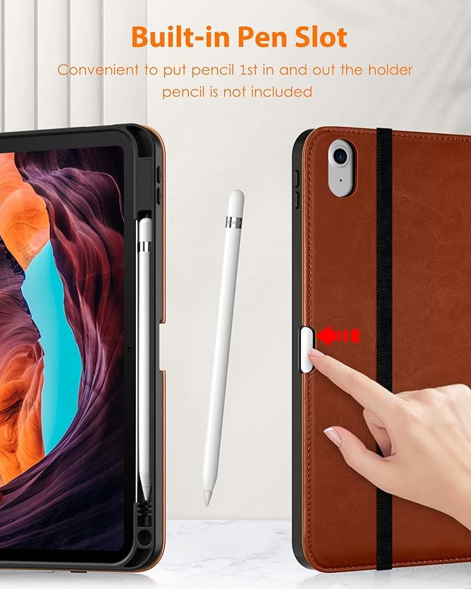 DTTO for iPad (A16) 11th Generation Case 11 Inch 2025, iPad 10th Generation Case 10.9 Inch 2022, Premium Leather Business Folio Stand Cover with Pencil Holder - Auto Wake/Sleep, Brown