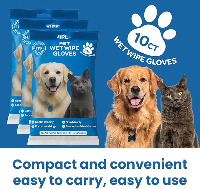 FPN Pet Cleaning Gloves for Dogs & Cats – 10 Count, Unscented No-Rinse Grooming Wipes in Extra-Thick Double-Sided Cleaning Mitts with Coconut Oil, Witch Hazel & Grapefruit – Paw, Fur & Face Cleaning