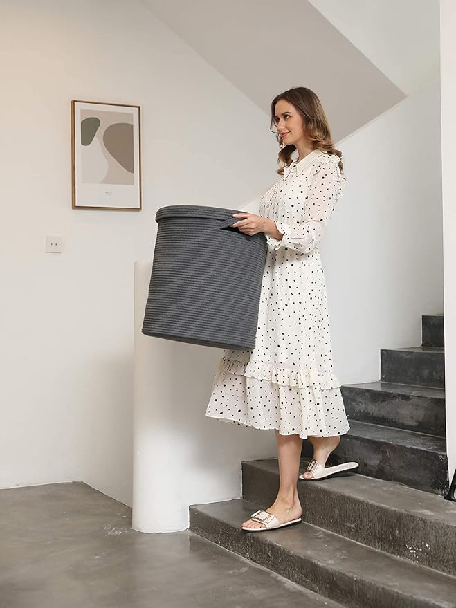 Cottonphant 16" x 16" x 18" Extra Large Storage Basket with Lid, Cotton Rope Storage Baskets, Laundry Hamper, Cloth Bin, for Clothes Towels Blankets Pillows Storage in Living Room, All Dark Grey