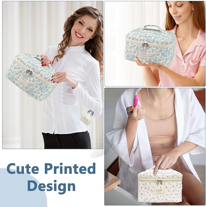 Large Makeup Bag, Cute Cosmetic Bag for Women Girls, Floral Coquette Aesthetic Toiletry Bag, Travel Make Up Organizer Bag ((White Butterfly Flower))