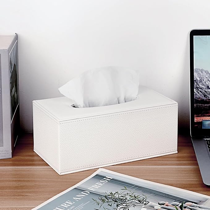 Sumnacon Tissue Box Cover Rectangle Tissue Box Stylish PU Tissue Box Holder with Magnetic Bottom, Decorative Leather Tissue Cover for Living Room Bathroom Table Desk Home Office Car, White