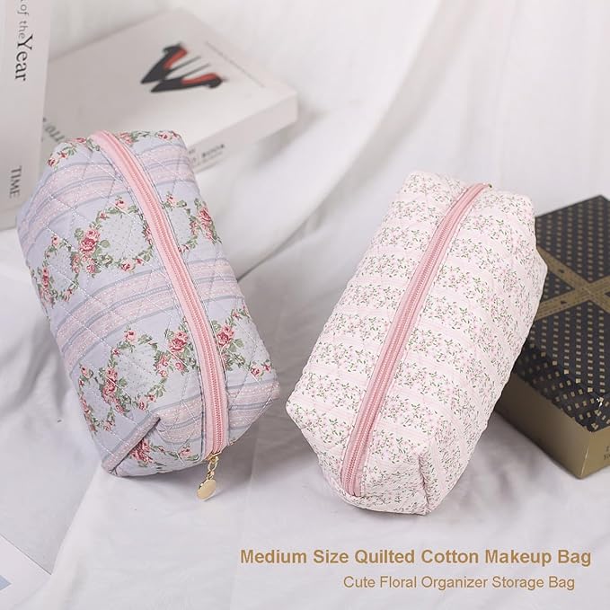 Gleyemor 2 Pieces Quilted Makeup Bag, Cute Floral Cosmetic Bag for Women, Cotton Make Up Bag Set, Flower Travel Toiletry Bag Organizer (Pink Floral+ Navy Flower)