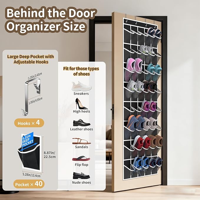 Gisiyunly Over the Door Shoe Organizer with 40 Large Pockets, Multi-Purpose Storage for Shoe and Accessories, Durable Fabric with Adjustable Hooks for Home Closet Bedroom Entryway-Black