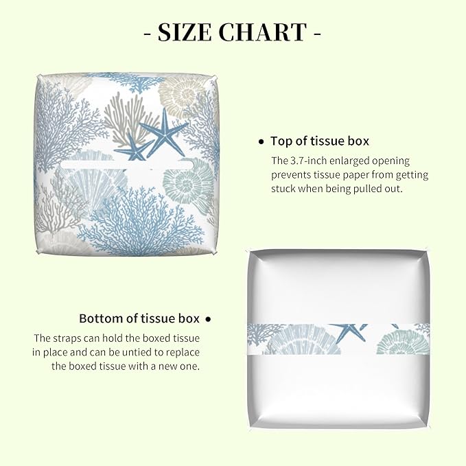 Retro Starfish Seashell Corals Tissue Box Cover Square Leather Tissue Holder Waterproof Facial Paper Organizer Dispenser Cube Paper Cover Case for Home Office Bathroom Vanity Countertop