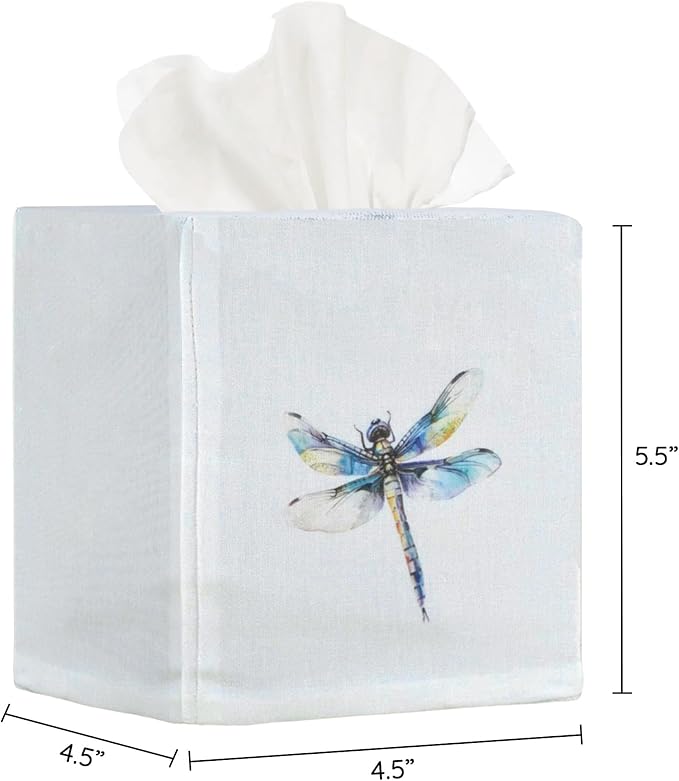 EmbroideryLinen.VN Tissue Box Cover Set of 2, Square Linen Tissue Holder, Printed Animal Pattern, 4.5x4.5x5.5 Inches, Decorative Holder for Bathroom, Living Room, Office (Dragonfly)